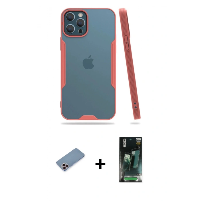 MARSİLYAN™- iPhone 12 Pro Max Kılıf Atlas Asil Serisi - Şeffaf 360 Full Body Arka Koruyucu + Shine Kamera Lens Koruma Cam - PE