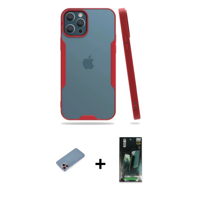 MARSİLYAN™- iPhone 12 Pro Max Kılıf Atlas Asil Serisi - Şeffaf 360 Full Body Arka Koruyucu + Shine Kamera Lens Koruma Cam - PE