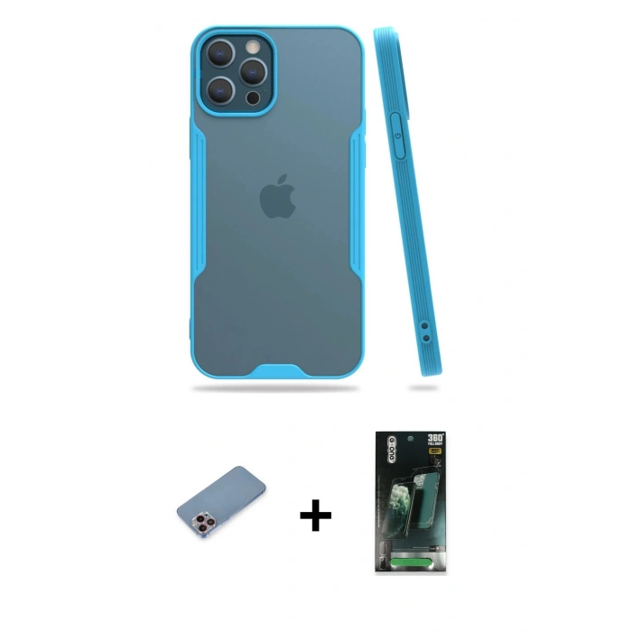 MARSİLYAN™- iPhone 12 Pro Max Kılıf Atlas Asil Serisi - Şeffaf 360 Full Body Arka Koruyucu + Shine Kamera Lens Koruma Cam - PE