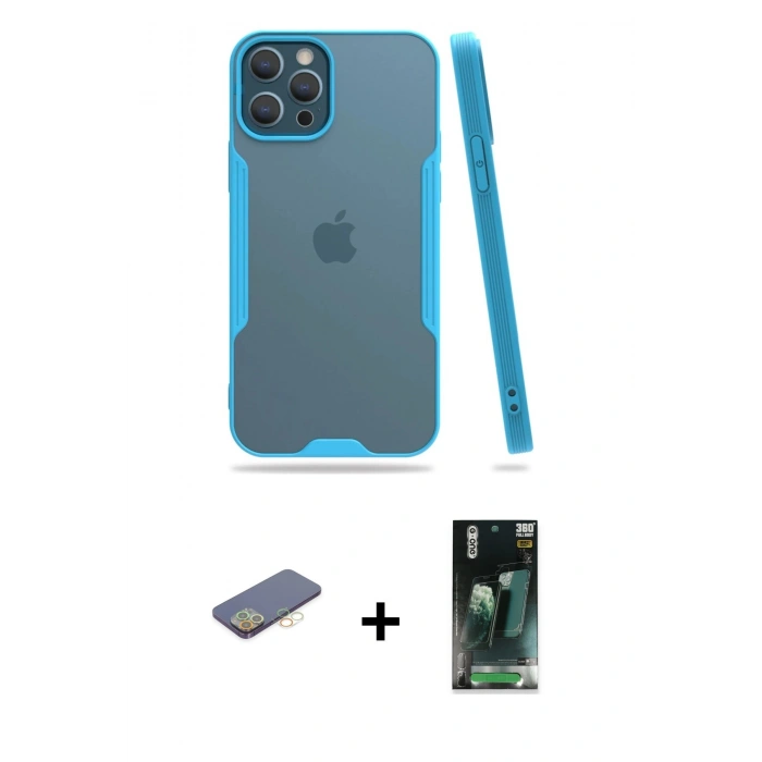 MARSİLYAN™- iPhone 12 Pro Max Kılıf Atlas Asil Serisi - Şeffaf 360 Full Body Arka Koruyucu + Renkli Kamera Lens Koruma Cam - SI