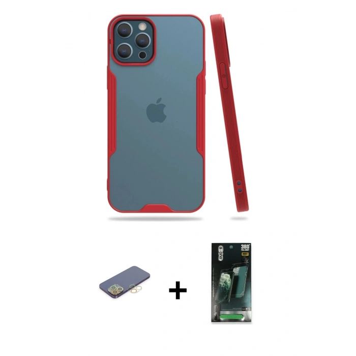 MARSİLYAN™- iPhone 12 Pro Max Kılıf Atlas Asil Serisi - Şeffaf 360 Full Body Arka Koruyucu + Renkli Kamera Lens Koruma Cam - SI