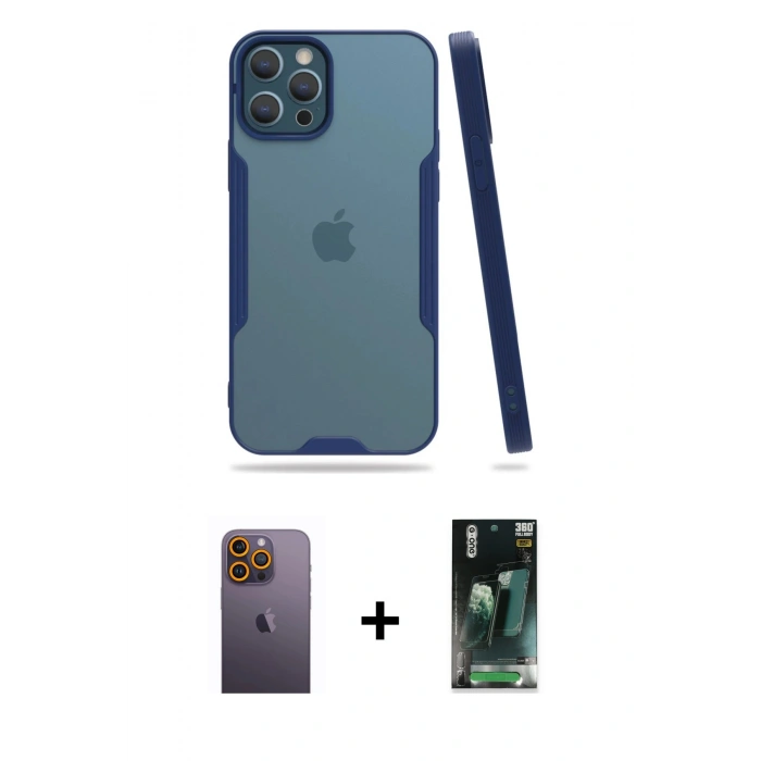 MARSİLYAN™- iPhone 12 Pro Max Kılıf Atlas Asil Serisi - Şeffaf 360 Full Body Arka Koruyucu + Neon Fosforlu Kamera Lens - SI