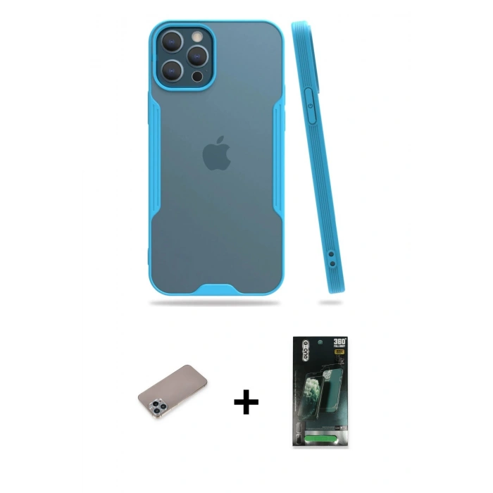 MARSİLYAN™- iPhone 12 Pro Max Kılıf Atlas Asil Serisi - Şeffaf 360 Full Body Arka Koruyucu + Shine Kamera Lens Koruma Cam - SABE