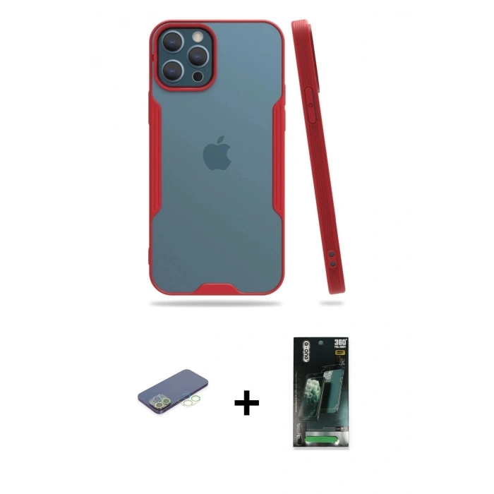 MARSİLYAN™- iPhone 12 Pro Max Kılıf Atlas Asil Serisi - Şeffaf 360 Full Body Arka Koruyucu + Renkli Kamera Lens Koruma Cam - YL