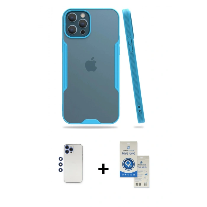 MARSİLYAN™- iPhone 12 Pro Max Kılıf Atlas Asil Serisi - Şeffaf Royal Nano Ekran Koruyucu + Shine Kamera Lens - LT