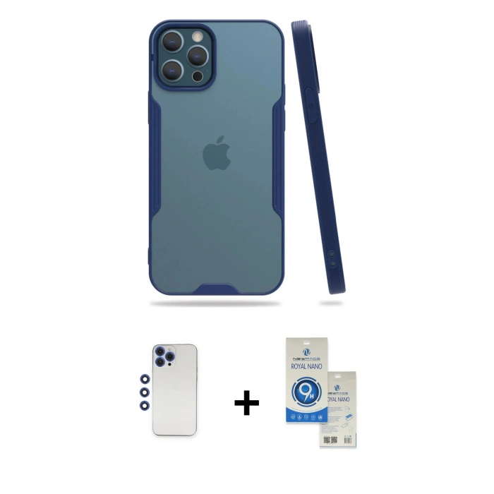 MARSİLYAN™- iPhone 12 Pro Max Kılıf Atlas Asil Serisi - Şeffaf Royal Nano Ekran Koruyucu + Shine Kamera Lens - LT