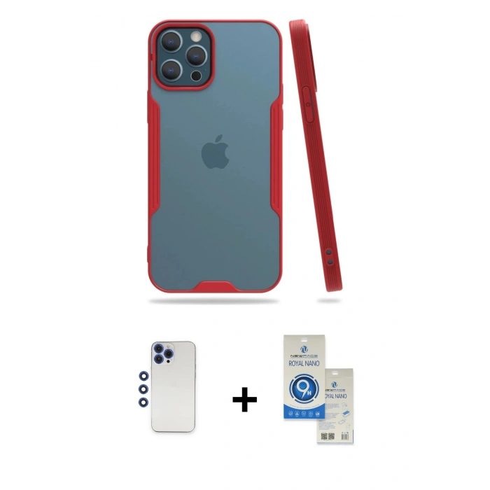 MARSİLYAN™- iPhone 12 Pro Max Kılıf Atlas Asil Serisi - Şeffaf Royal Nano Ekran Koruyucu + Shine Kamera Lens - LT