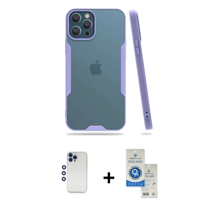 MARSİLYAN™- iPhone 12 Pro Max Kılıf Atlas Asil Serisi - Şeffaf Royal Nano Ekran Koruyucu + Shine Kamera Lens - LT
