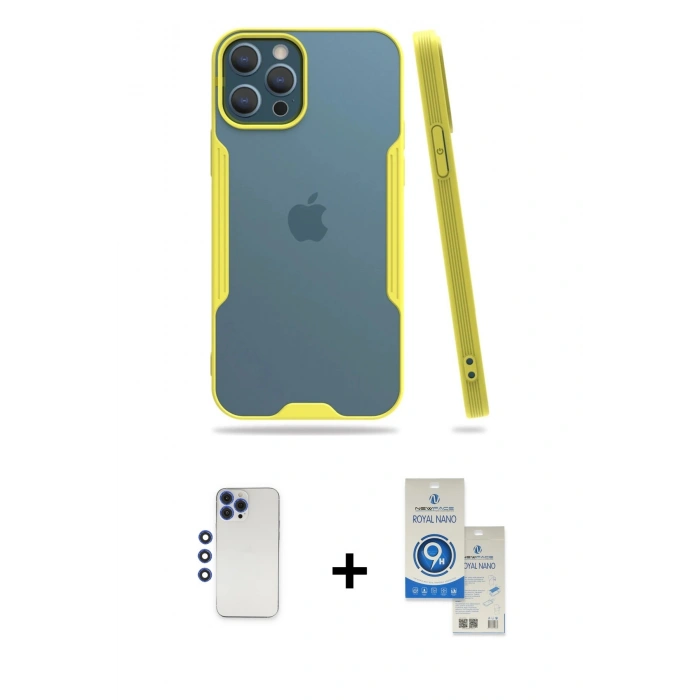 MARSİLYAN™- iPhone 12 Pro Max Kılıf Atlas Asil Serisi - Şeffaf Royal Nano Ekran Koruyucu + Shine Kamera Lens - LT