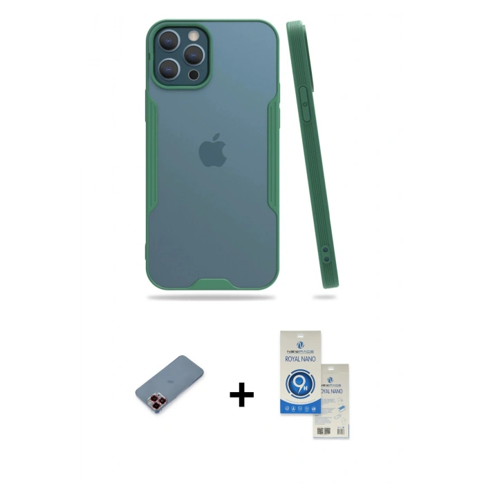 MARSİLYAN™- iPhone 12 Pro Max Kılıf Atlas Asil Serisi - Şeffaf Royal Nano Ekran Koruyucu + Metal Kamera Lens Koruma Cam - KI