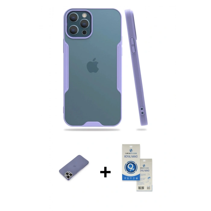 MARSİLYAN™- iPhone 12 Pro Max Kılıf Atlas Asil Serisi - Şeffaf Royal Nano Ekran Koruyucu + Metal Kamera Lens Koruma Cam - GD