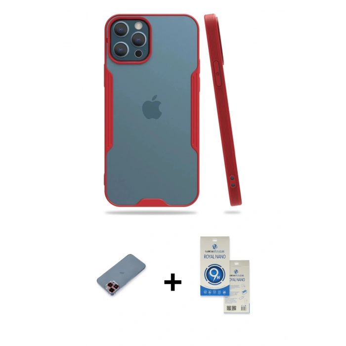 MARSİLYAN™- iPhone 12 Pro Max Kılıf Atlas Asil Serisi - Şeffaf Royal Nano Ekran Koruyucu + Metal Kamera Lens Koruma Cam - KI