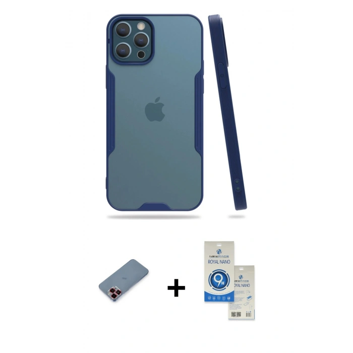 MARSİLYAN™- iPhone 12 Pro Max Kılıf Atlas Asil Serisi - Şeffaf Royal Nano Ekran Koruyucu + Metal Kamera Lens Koruma Cam - KI