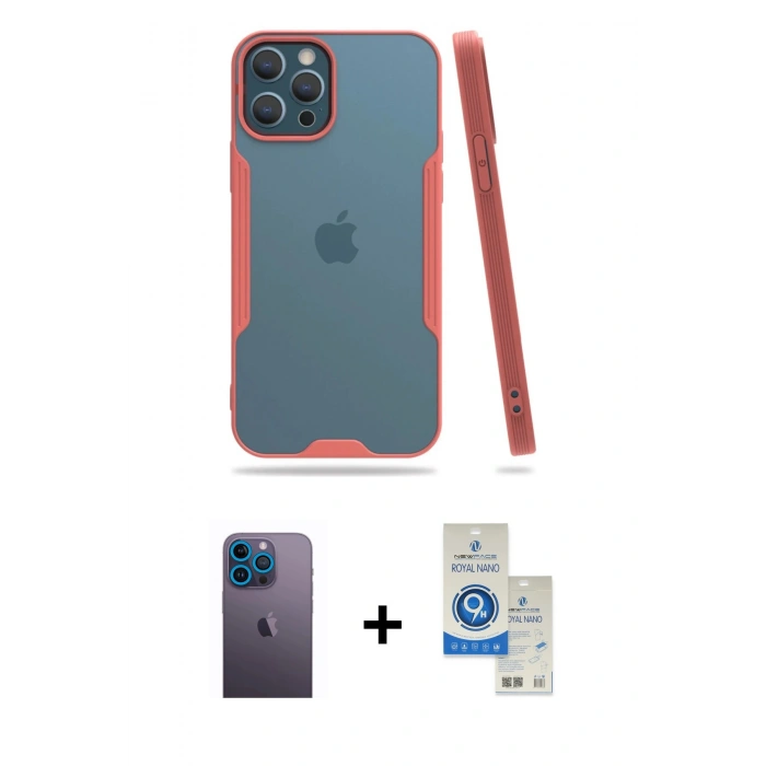 MARSİLYAN™- iPhone 12 Pro Max Kılıf Atlas Asil Serisi - Şeffaf Royal Nano Ekran Koruyucu + Neon Fosforlu Kamera Lens - MI