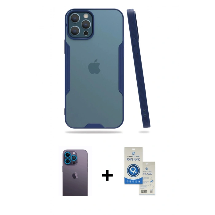 MARSİLYAN™- iPhone 12 Pro Max Kılıf Atlas Asil Serisi - Şeffaf Royal Nano Ekran Koruyucu + Neon Fosforlu Kamera Lens - MI