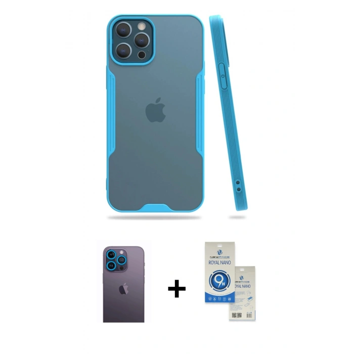 MARSİLYAN™- iPhone 12 Pro Max Kılıf Atlas Asil Serisi - Şeffaf Royal Nano Ekran Koruyucu + Neon Fosforlu Kamera Lens - MI