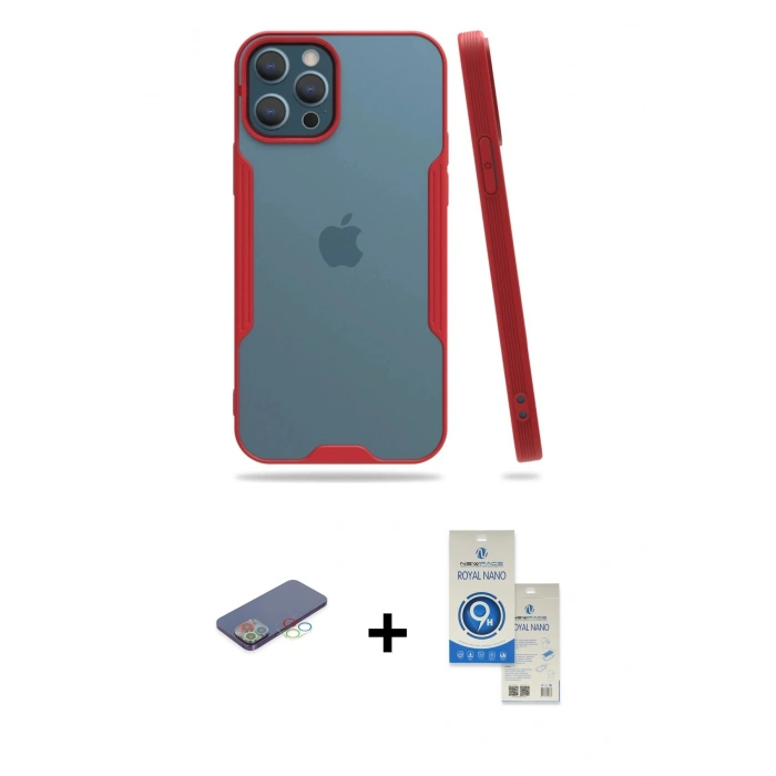 MARSİLYAN™- iPhone 12 Pro Max Kılıf Atlas Asil Serisi - Şeffaf Royal Nano Ekran Koruyucu + Renkli Kamera Lens Koruma Cam - MI