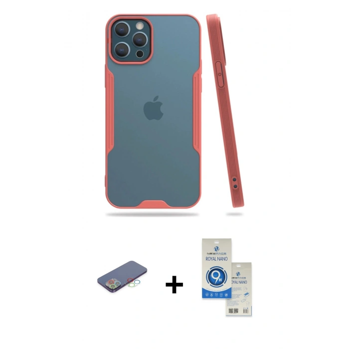 MARSİLYAN™- iPhone 12 Pro Max Kılıf Atlas Asil Serisi - Şeffaf Royal Nano Ekran Koruyucu + Renkli Kamera Lens Koruma Cam - MI