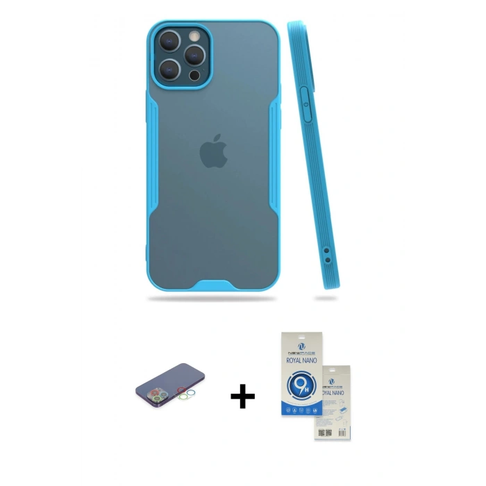 MARSİLYAN™- iPhone 12 Pro Max Kılıf Atlas Asil Serisi - Şeffaf Royal Nano Ekran Koruyucu + Renkli Kamera Lens Koruma Cam - MI