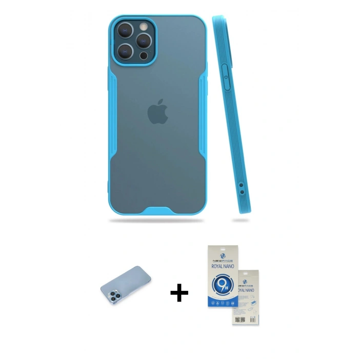 MARSİLYAN™- iPhone 12 Pro Max Kılıf Atlas Asil Serisi - Şeffaf Royal Nano Ekran Koruyucu + Shine Kamera Lens Koruma Cam - MI