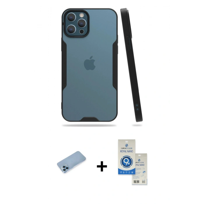 MARSİLYAN™- iPhone 12 Pro Max Kılıf Atlas Asil Serisi - Şeffaf Royal Nano Ekran Koruyucu + Shine Kamera Lens Koruma Cam - MI