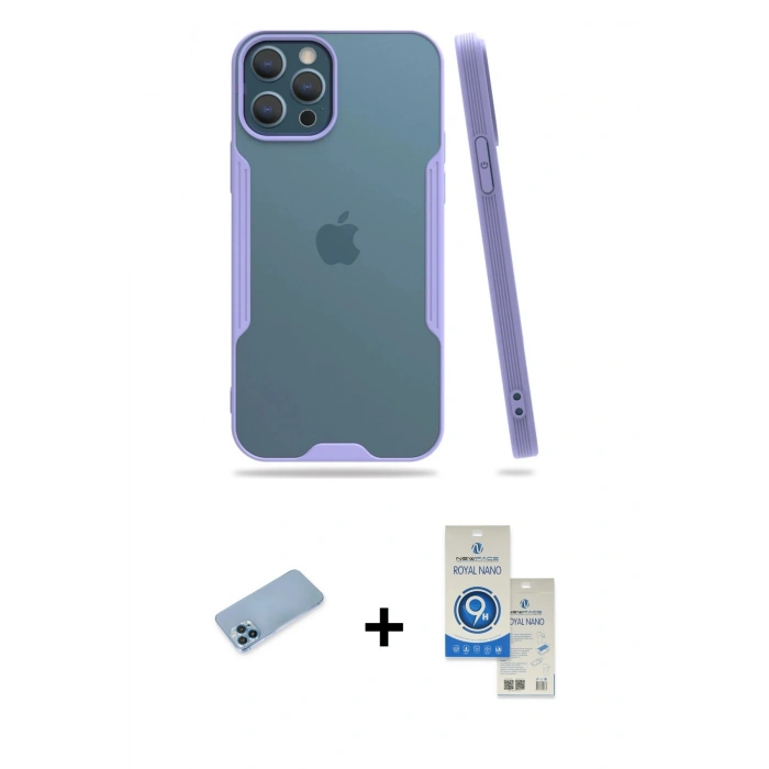 MARSİLYAN™- iPhone 12 Pro Max Kılıf Atlas Asil Serisi - Şeffaf Royal Nano Ekran Koruyucu + Shine Kamera Lens Koruma Cam - MI