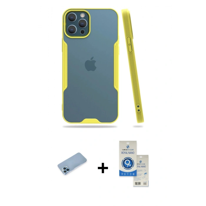 MARSİLYAN™- iPhone 12 Pro Max Kılıf Atlas Asil Serisi - Şeffaf Royal Nano Ekran Koruyucu + Shine Kamera Lens Koruma Cam - MI