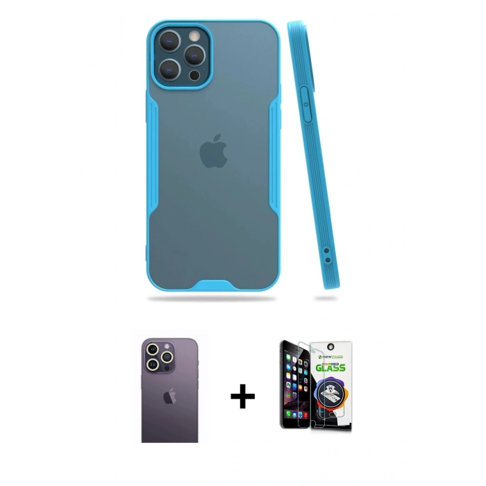 MARSİLYAN™- iPhone 12 Pro Max Kılıf Atlas Asil Serisi - Şeffaf Temperli Cam Ekran Koruyucu + Neon Fosforlu Kamera Lens - BZ