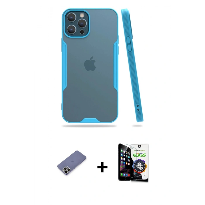 MARSİLYAN™- iPhone 12 Pro Max Kılıf Atlas Asil Serisi - Şeffaf Temperli Cam Ekran Koruyucu + Metal Kamera Lens Koruma Cam - GD