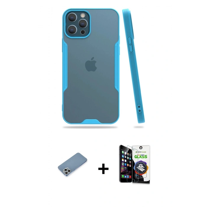 MARSİLYAN™- iPhone 12 Pro Max Kılıf Atlas Asil Serisi - Şeffaf Temperli Cam Ekran Koruyucu + Shine Kamera Lens Koruma Cam - GS