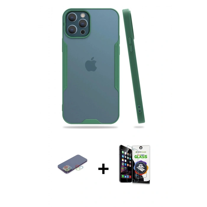 MARSİLYAN™- iPhone 12 Pro Max Kılıf Atlas Asil Serisi - Şeffaf Temperli Cam Ekran Koruyucu + Renkli Kamera Lens Koruma Cam - MI