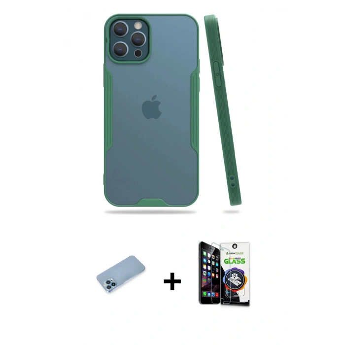 MARSİLYAN™- iPhone 12 Pro Max Kılıf Atlas Asil Serisi - Şeffaf Temperli Cam Ekran Koruyucu + Shine Kamera Lens Koruma Cam - MI