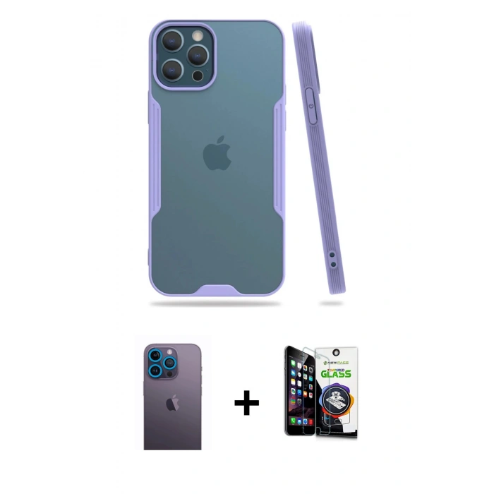 MARSİLYAN™- iPhone 12 Pro Max Kılıf Atlas Asil Serisi - Şeffaf Temperli Cam Ekran Koruyucu + Neon Fosforlu Kamera Lens - MI