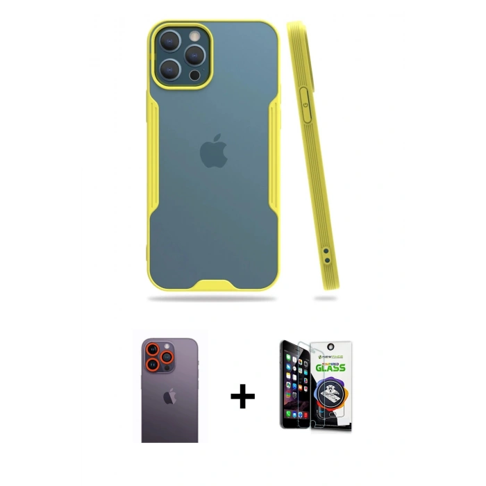 MARSİLYAN™- iPhone 12 Pro Max Kılıf Atlas Asil Serisi - Şeffaf Temperli Cam Ekran Koruyucu + Neon Fosforlu Kamera Lens - TU
