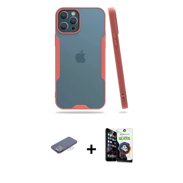 MARSİLYAN™- iPhone 12 Pro Max Kılıf Atlas Asil Serisi - Şeffaf Temperli Cam Ekran Koruyucu + Renkli Kamera Lens Koruma Cam - MI