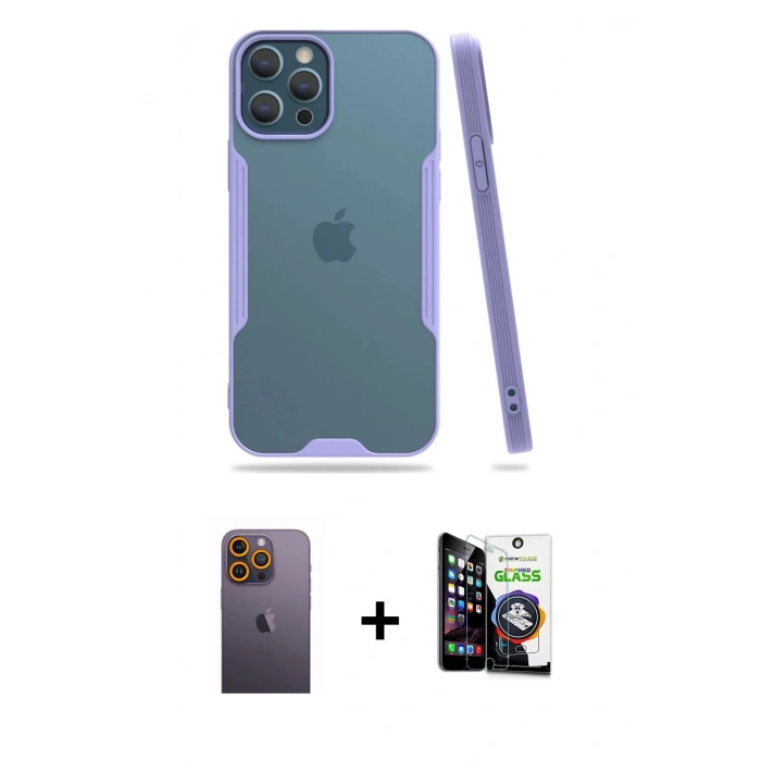 MARSİLYAN™- iPhone 12 Pro Max Kılıf Atlas Asil Serisi - Şeffaf Temperli Cam Ekran Koruyucu + Neon Fosforlu Kamera Lens - SI