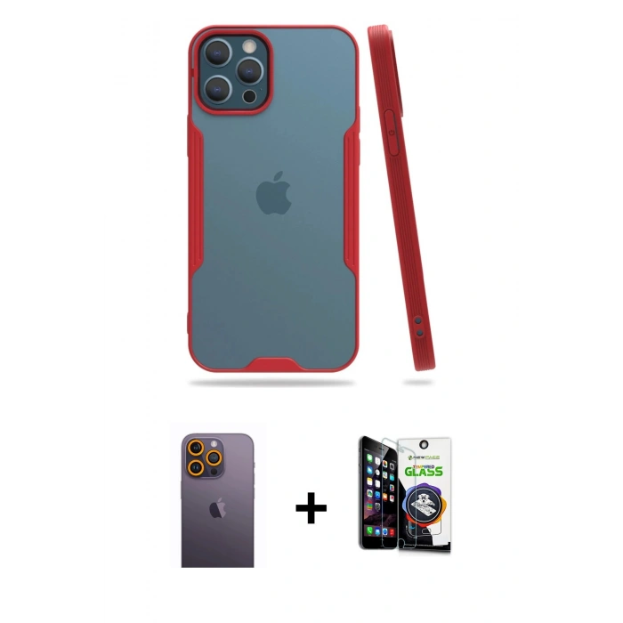 MARSİLYAN™- iPhone 12 Pro Max Kılıf Atlas Asil Serisi - Şeffaf Temperli Cam Ekran Koruyucu + Neon Fosforlu Kamera Lens - SI