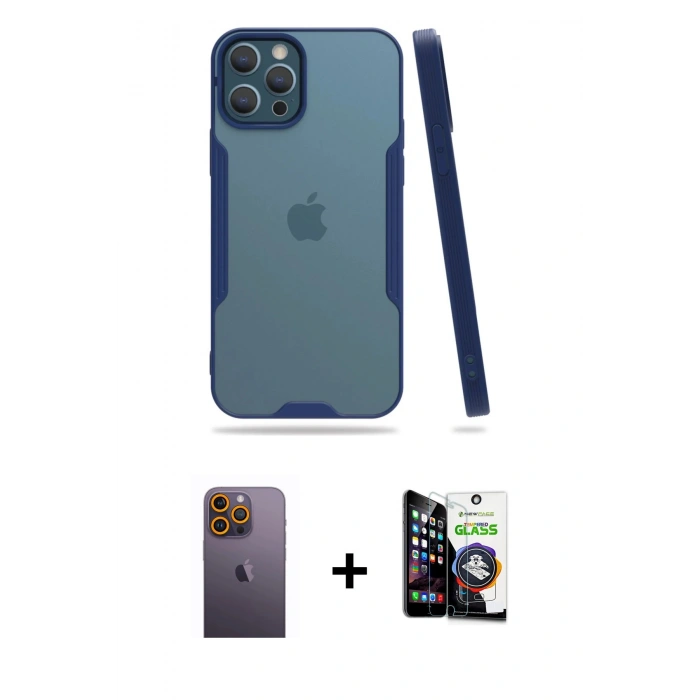 MARSİLYAN™- iPhone 12 Pro Max Kılıf Atlas Asil Serisi - Şeffaf Temperli Cam Ekran Koruyucu + Neon Fosforlu Kamera Lens - SI