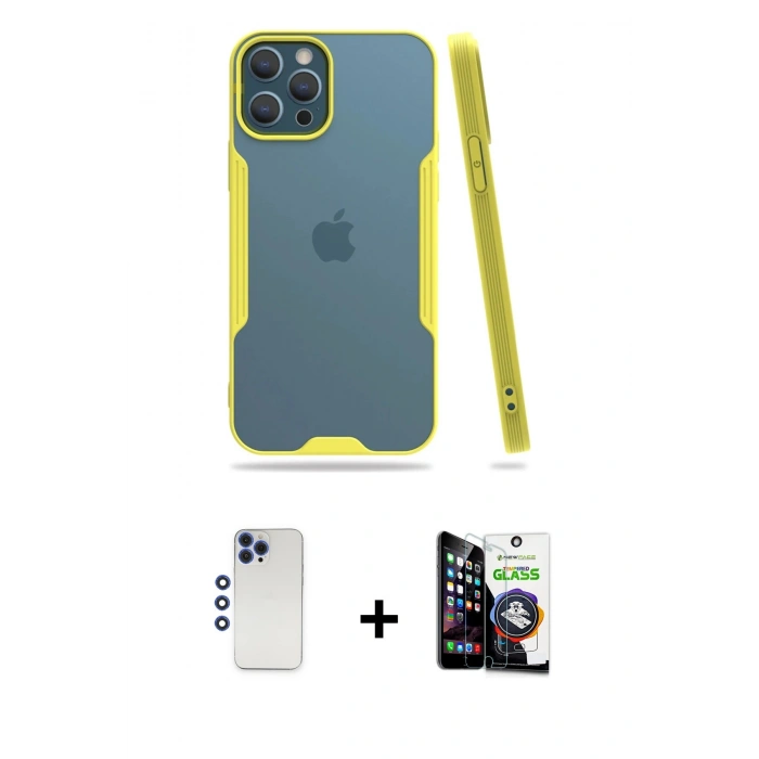 MARSİLYAN™- iPhone 12 Pro Max Kılıf Atlas Asil Serisi - Şeffaf Temperli Cam Ekran Koruyucu + Shine Kamera Lens - LT