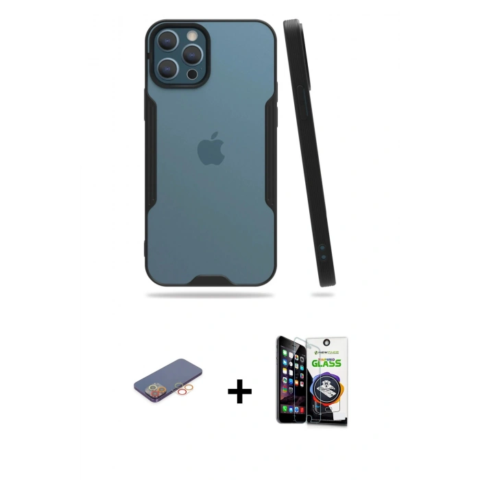 MARSİLYAN™- iPhone 12 Pro Max Kılıf Atlas Asil Serisi - Şeffaf Temperli Cam Ekran Koruyucu + Renkli Kamera Lens Koruma Cam - TU