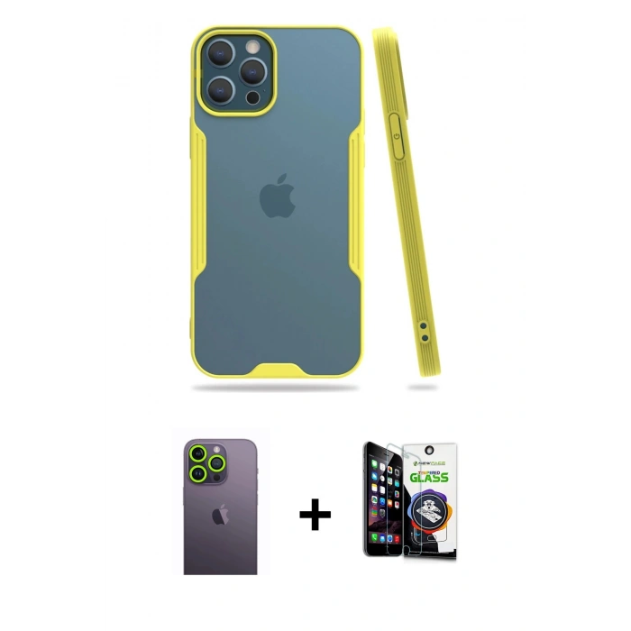 MARSİLYAN™- iPhone 12 Pro Max Kılıf Atlas Asil Serisi - Şeffaf Temperli Cam Ekran Koruyucu + Neon Fosforlu Kamera Lens - YL