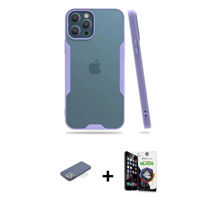 MARSİLYAN™- iPhone 12 Pro Max Kılıf Atlas Asil Serisi - Şeffaf Temperli Cam Ekran Koruyucu + Renkli Kamera Lens Koruma Cam - YL