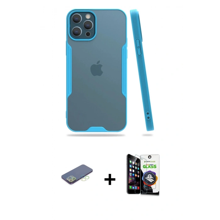 MARSİLYAN™- iPhone 12 Pro Max Kılıf Atlas Asil Serisi - Şeffaf Temperli Cam Ekran Koruyucu + Renkli Kamera Lens Koruma Cam - YL