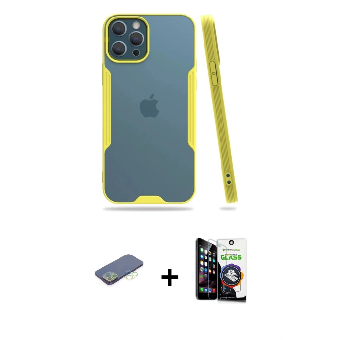 MARSİLYAN™- iPhone 12 Pro Max Kılıf Atlas Asil Serisi - Şeffaf Temperli Cam Ekran Koruyucu + Renkli Kamera Lens Koruma Cam - YL