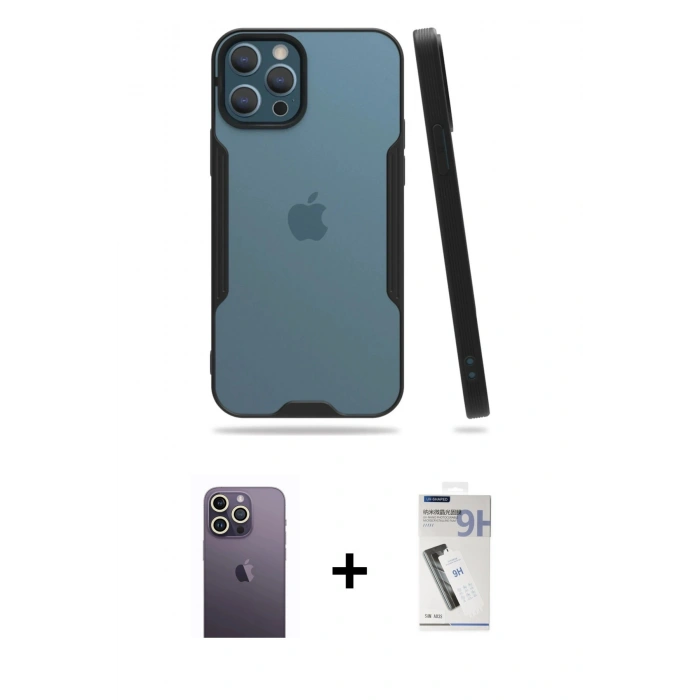 MARSİLYAN™- iPhone 12 Pro Max Kılıf Atlas Asil Serisi - Şeffaf Uv Polymer Nano Ekran Koruyucu + Neon Fosforlu Kamera Lens - BZ