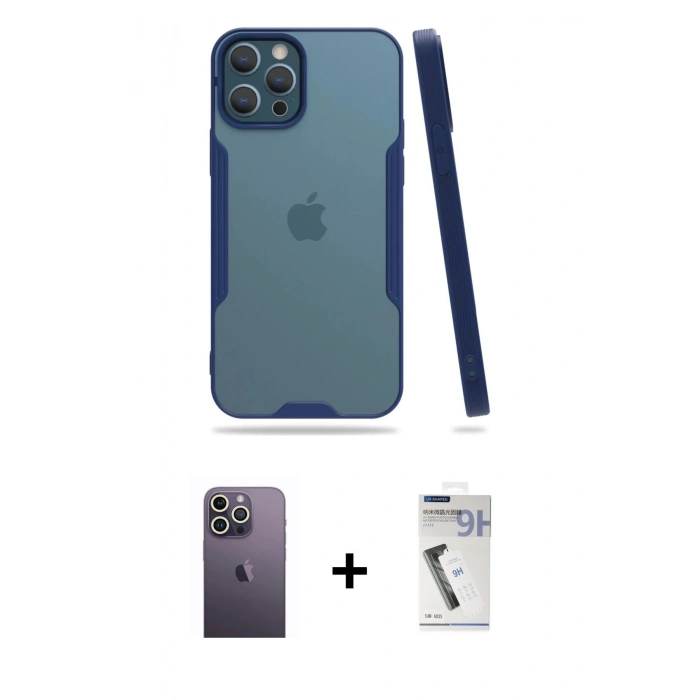 MARSİLYAN™- iPhone 12 Pro Max Kılıf Atlas Asil Serisi - Şeffaf Uv Polymer Nano Ekran Koruyucu + Neon Fosforlu Kamera Lens - BZ