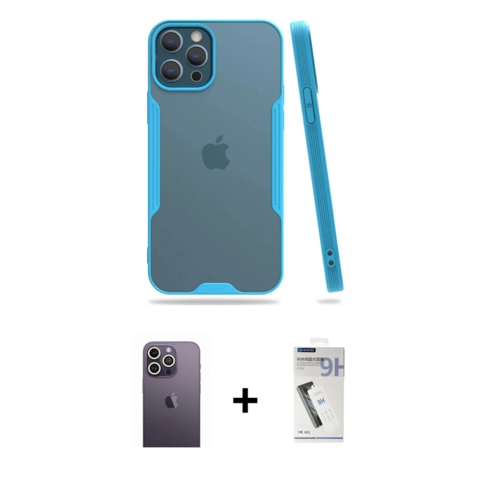 MARSİLYAN™- iPhone 12 Pro Max Kılıf Atlas Asil Serisi - Şeffaf Uv Polymer Nano Ekran Koruyucu + Neon Fosforlu Kamera Lens - BZ