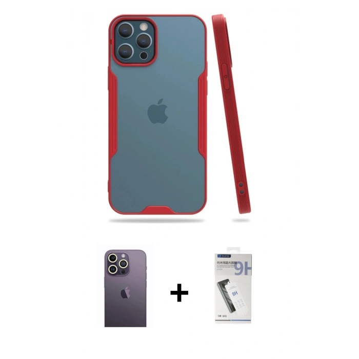 MARSİLYAN™- iPhone 12 Pro Max Kılıf Atlas Asil Serisi - Şeffaf Uv Polymer Nano Ekran Koruyucu + Neon Fosforlu Kamera Lens - BZ