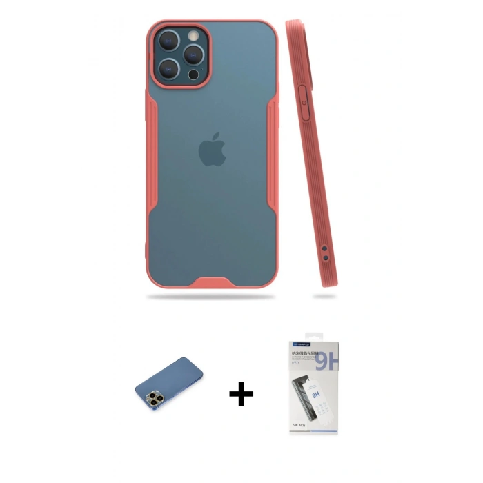 MARSİLYAN™- iPhone 12 Pro Max Kılıf Atlas Asil Serisi - Şeffaf Uv Polymer Nano Ekran Koruyucu + Gold Shine Kamera Lens Koruma Cam