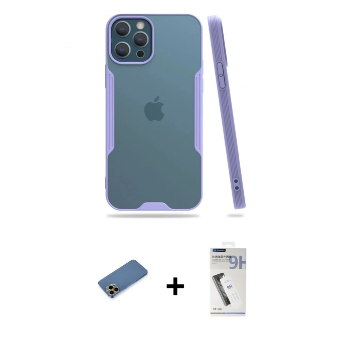 MARSİLYAN™- iPhone 12 Pro Max Kılıf Atlas Asil Serisi - Şeffaf Uv Polymer Nano Ekran Koruyucu + Gold Shine Kamera Lens Koruma Cam
